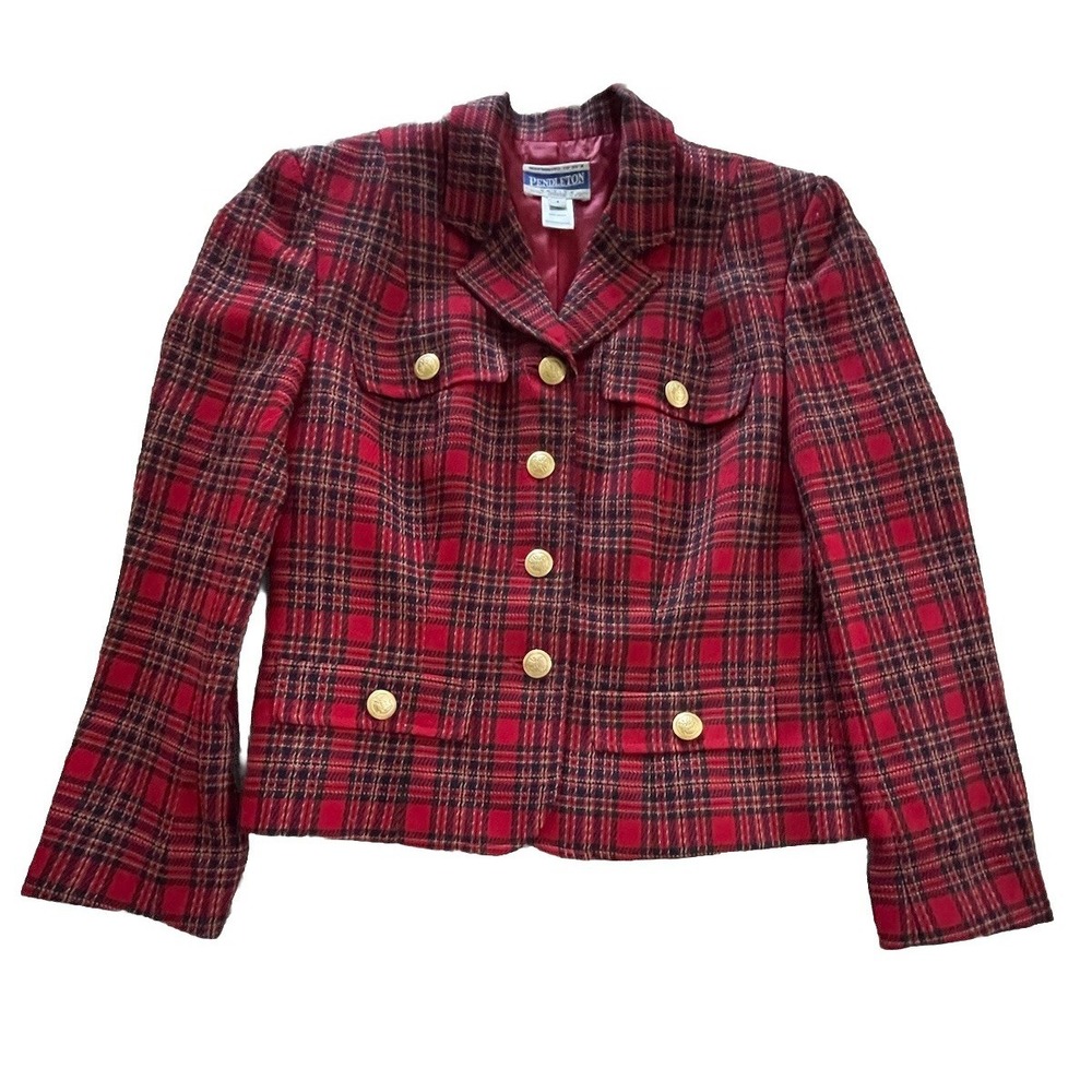 Vintage Pendleton Women's Size 4 Red Black Plaid Wool Button-Front Lined Blazer